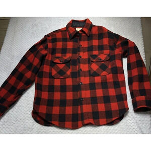 Fox Knapp Wool Plaid Button‎ Front Shirt Jacket Shacket Men's L 16 Vtg Red Black